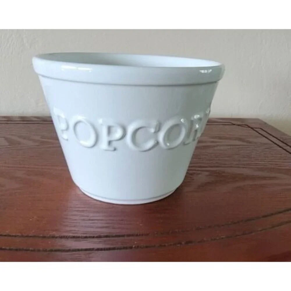 Crate & Barrel Small White Embossed Ceramic Popcorn Bowl 4